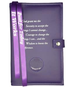 DOUBLE Cover for Hardback Reg Size NA Basic Text(6th Ed) OR Traditions...AND...It Works OR Living Clean w Serenity Prayer/Medallion Holder(Purple) DDBNA60708