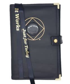 LEATHER DOUBLE Cover for Hardback Reg Size NA Basic Text(6th Ed) OR Traditions...AND...It Works OR Living Clean w NA Symbol/Medallion Holder(Black) LDDNA60906