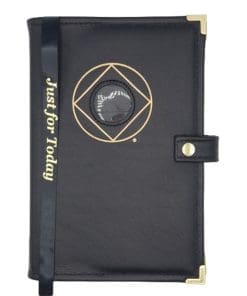 LEATHER Book Cover for NA Basic Text(6th Edition) Hardback Reg Size Book Cover w/ NA Symbol/Medallion Holder & Metal Tips(Black)LDNA60906